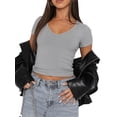 thumbnail image 2 of Fortune Women Rib T-Shirts Short Sleeve V-Neck Crop Tops Solid Color Slim Fit Tees, 2 of 6