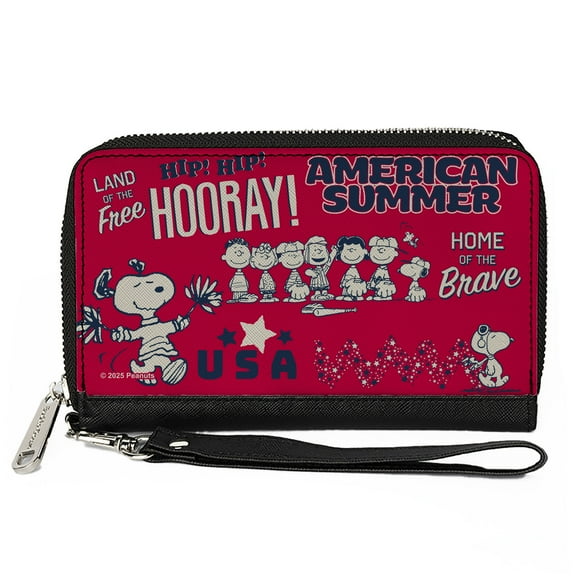 Peanuts Wallet, Zip Around, Peanuts Gang American Summer Poses Red Blue White, Vegan Leather