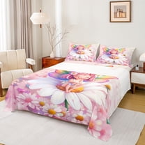 Manfei Kawaii Elf Twin Sheet Sets,Cute Daisy Floral Twin Fitted Sheet,Colorful Cartoon Wings Flat Sheet For Kids,Breathable Home Decor,3pcs