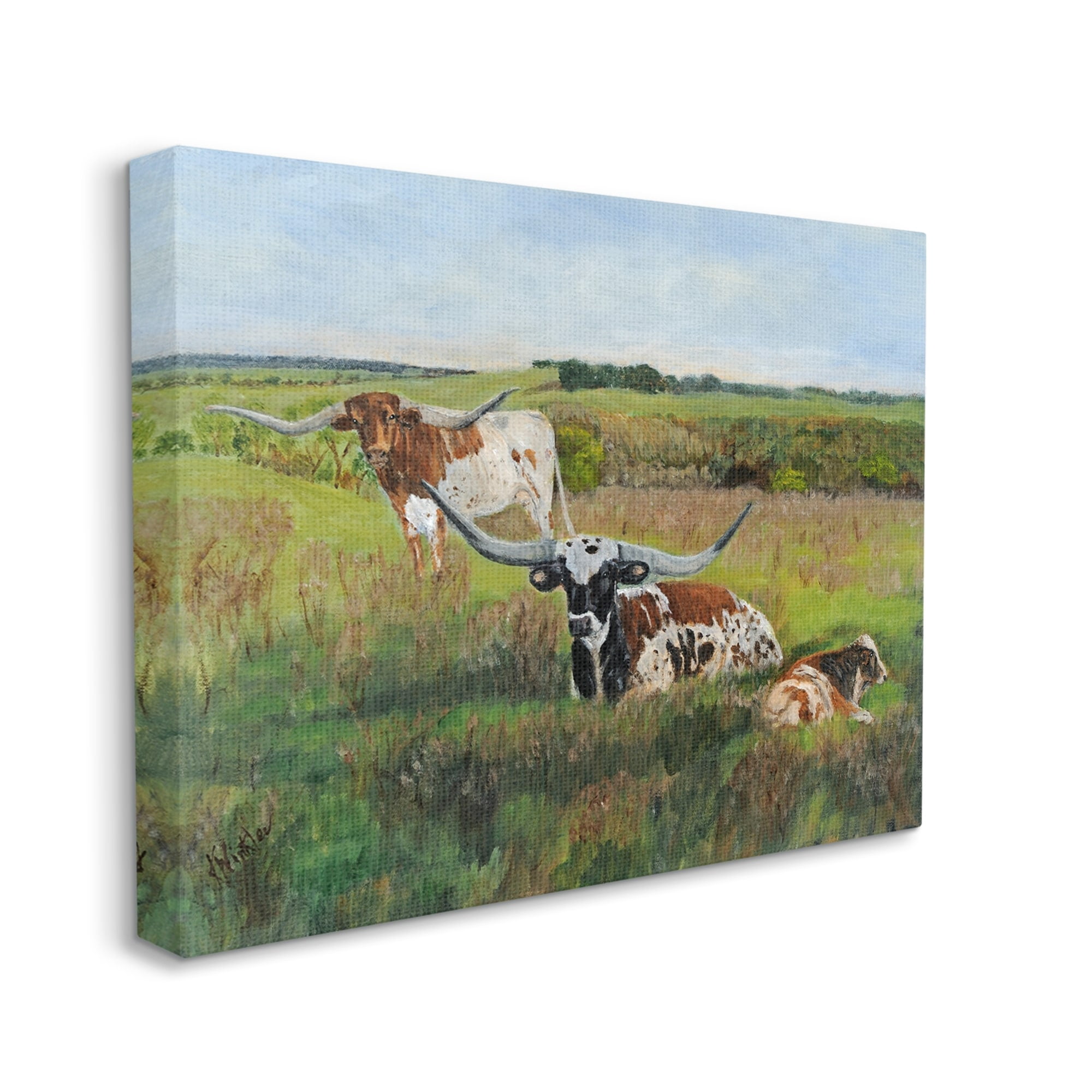 Stupell Country Pasture Longhorn Cattle Animals & Insects Painting Gallery Wrapped Canvas Print Wall Art