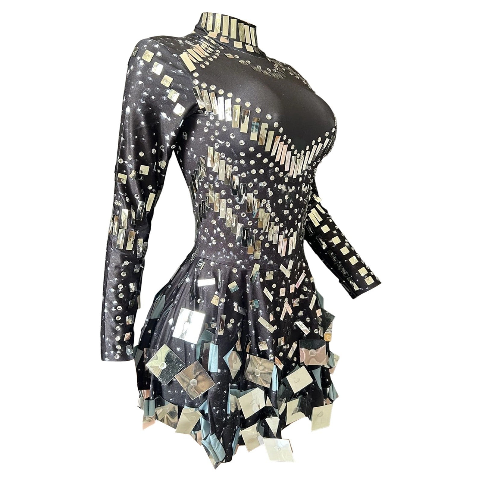 XIAOCHA Women's Mirror Sequin Mini Dress Long Sleeve High Neck Slim Fit Dress Futuristic Party Performance Dress