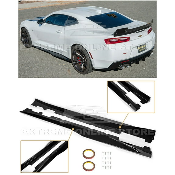 Replacement For 2016-2018 Chevrolet Camaro SS & RS | ZL1 Style Side Skirts Rocker Panel Extension Pair (ABS Plastic - Glossy Black)