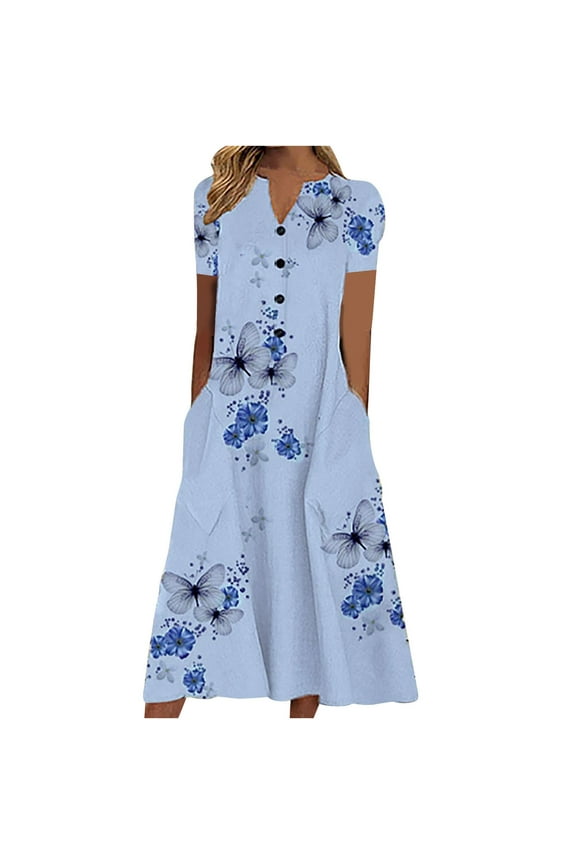 Womens Dresses Summer Casual Loose Butterfly Printing V-Neck Half Sleeve Button Long Shift Dress with Pockets