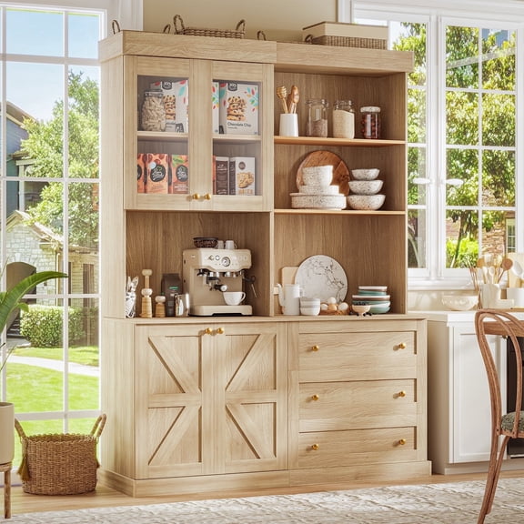 71" Tall Farmhouse Pantry Cabinet,Freestanding Coffee Bar Hutch With Adjustable Shelves,Large Storage,For Home Office,Dining Room,Living Room,Brown,2 Pcs