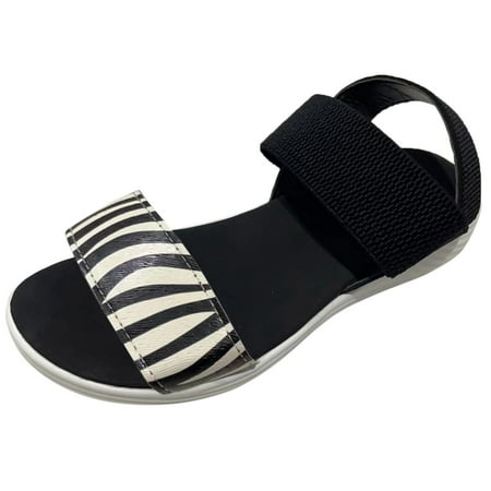 

ZTTD Ladies Fashion Summer Stripe Colored Round Toe Open Toe Flat Sandals White