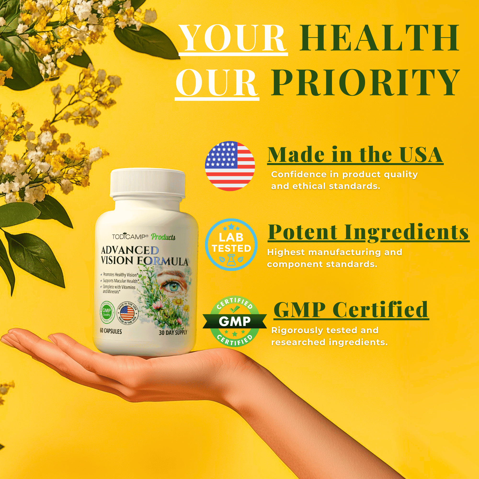 TODICAMP Vision Support Supplement with Lutein and Zeaxanthin Supplements, Lycopene Supplement & Bilberry Supplement for Eyes, Macular Health, Eye Pressure Support - Eye Vitamins for Seniors & Adults
