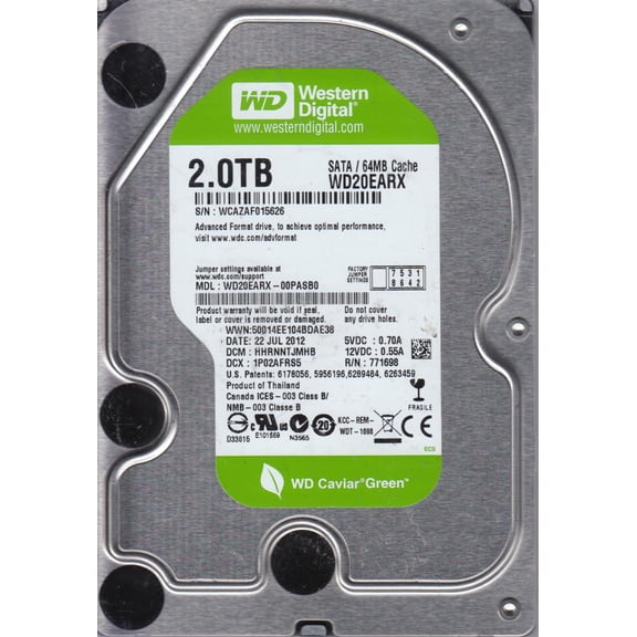 WD20EARX-00PASB0, DCM HHRNNTJMHB, Western Digital 2TB SATA 3.5 Hard Drive