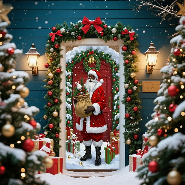 Seyotauo Christmas Door Cover Decoration Santa Claus Front Door Cover Xmas Hanging Banner Santa Background for Home Holiday Christmas Decoration