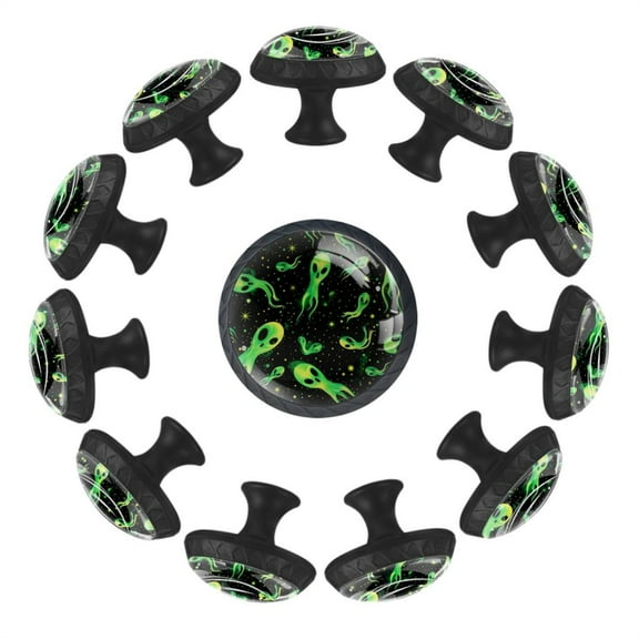 12 Pieces Green Alien Space Pattern Glass Knobs for Dresser Drawers, 1.37 x 1.10 IN Round Kitchen Cabinet Pulls For Home Office Nursery Kids Room