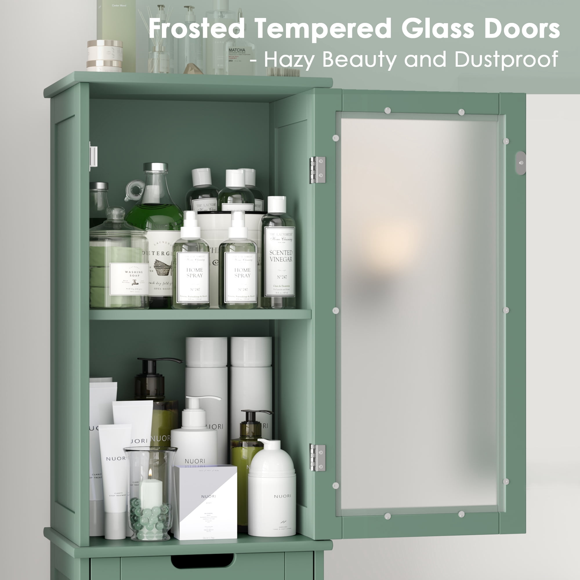 Homfa Bathroom Storage Tower, Narrow Linen Cabinet with Door and Drawers, Tall Bathroom Storage Cabinet for Small Spaces, Green