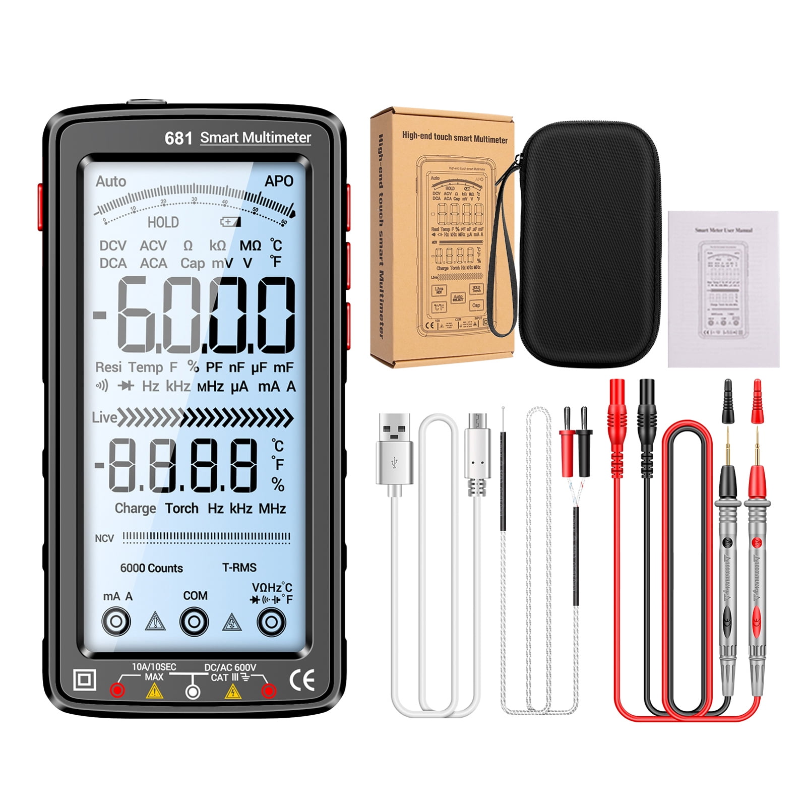 Multimeter ANENG 681 6000 Counts Digital Multimeter Smart Anti-burn Rechargeable Universal Meter NCV Tester 5-inch Large LCD With Backlit Flashlight For Voltage Current Resistance