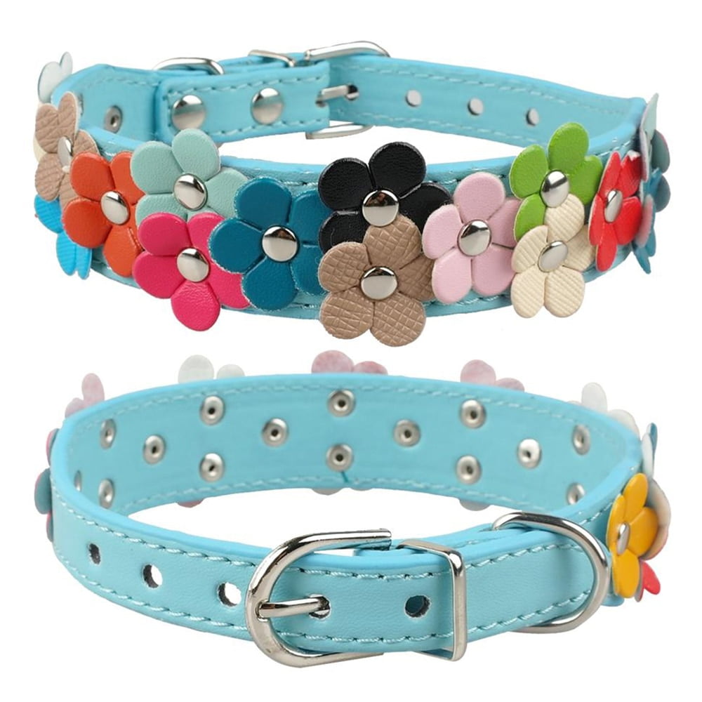 1.0'' Wide Cute Flower Studded PU Leather Dog Collars for Chihuahua Poodles S M 
