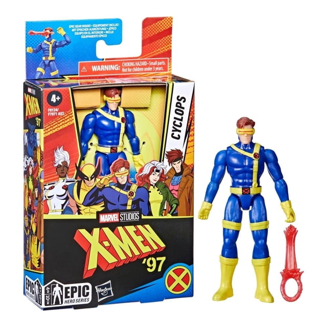 figura cyclops hasbro marvel 4 pulgadas Epic Hero Series, figura de acción X‑Men 97 de Cíclope, vista frontal 3/4 con empaque. 10 cm (4") con nueve puntos de articulación, traje azul y amarillo, visor rojo y accesorio removible rojo en forma de ráfaga; ideal para juego o display de colección.
