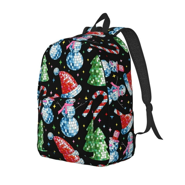 Fotbe Disco Mirror Ball Snowman Printed Canvas Daypack - Stylish and Durable Vintage Compact Backpack - Class, Work, Travel, or Laptop Bookbag,Organized Compartments-Medium
