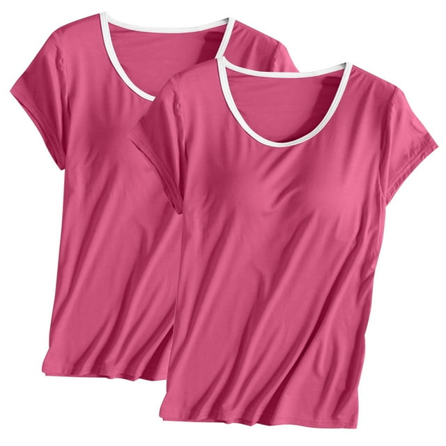 Tnhcen 2 Pcs Haut à Manches Courtes Col Rond Uni avec Soutien-Gorge Pyjama Vêtements de Maison T-Shirts de Nuit pour Femmes