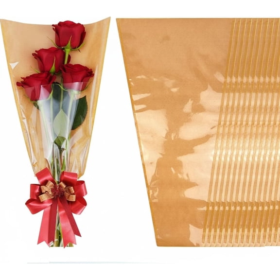 50 Pack Gold Trim Cellophane Flower Sleeves, Clear Florist Bouquet Bags for Weddings & Valentine's