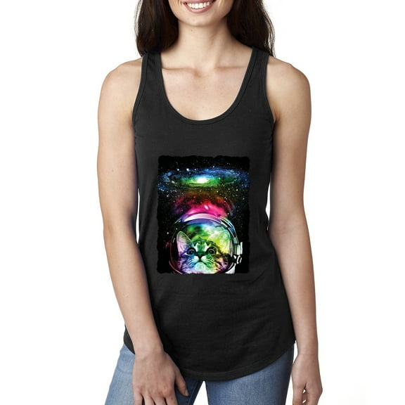 Trippy Neon Space Astronaut Lunar Cat | Womens Cat Lover Jersey Racerback Tank Top, Black, Small