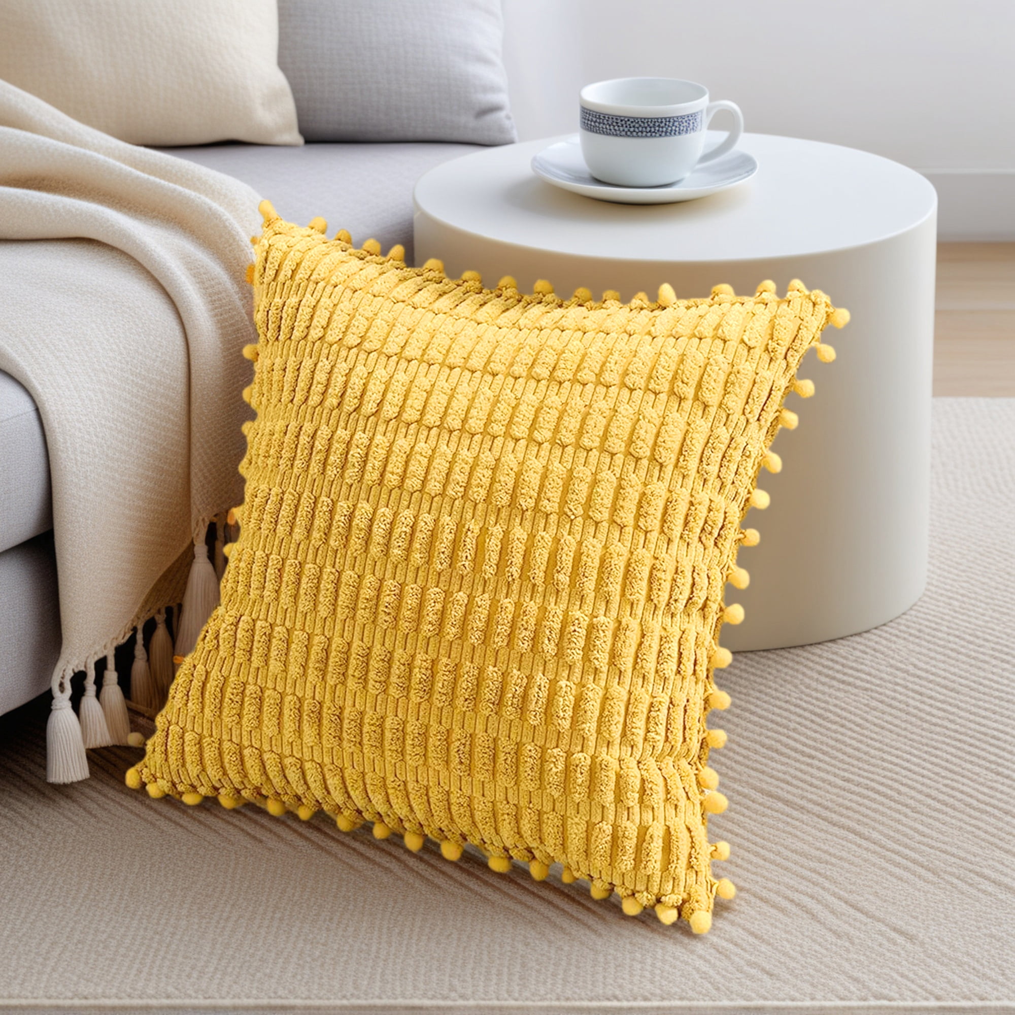 Unique Bargains Set of 2 Corduroy Throw Pillow Covers with Pom-pom Edges 16" x 16" Yellow