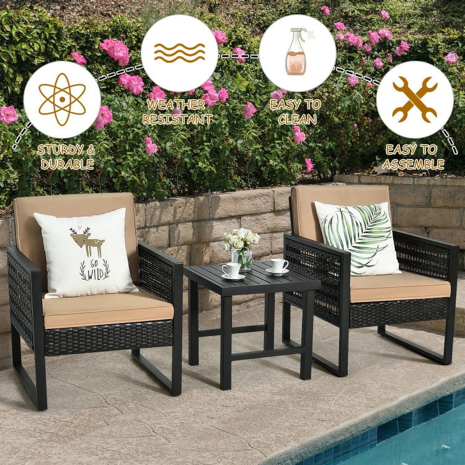 Aimee Lii 3 Pieces Wicker Patio Bistro Cushioned Furniture Set, Small Patio Set with Square Tea Table