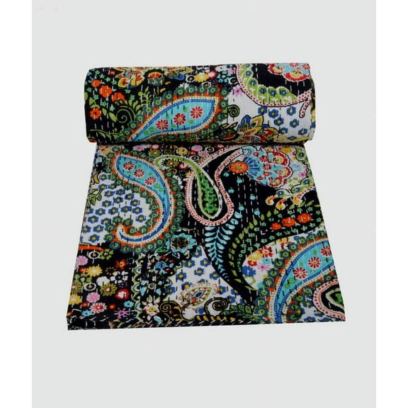Indian Hand Block Paisley Print Kantha Quilt Twin Size Kantha Throw Blanket Bedspread Boho Quilt Cotton Quilt Twin Kantha