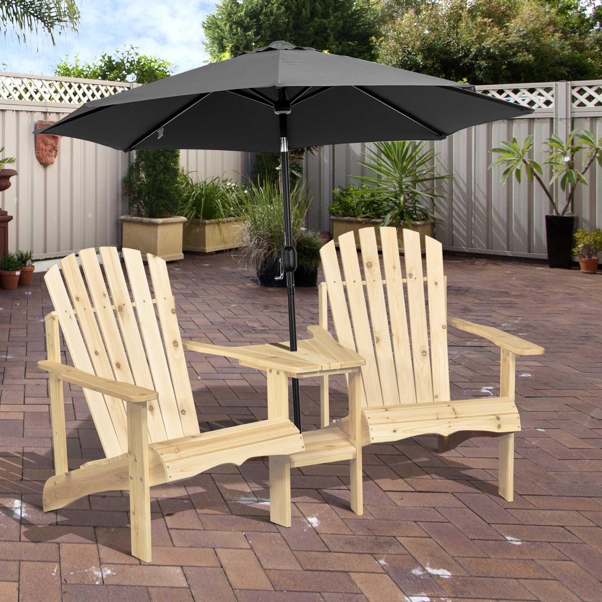 Homiyad Wooden Adirondack Chairs Set of 2 Outdoor Double Seat w/ Center Table Umbrella Hole Patio Backyard Deck Natural | Aosom.com