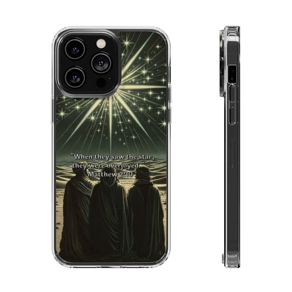 DistinctInk Hybrid (Acrylic / TPU) Clear Slim Fit Case for Apple iPhone 15 Pro MAX (6.7" Screen) - "Matthew 2:10 - Overjoyed at the sight of the star"