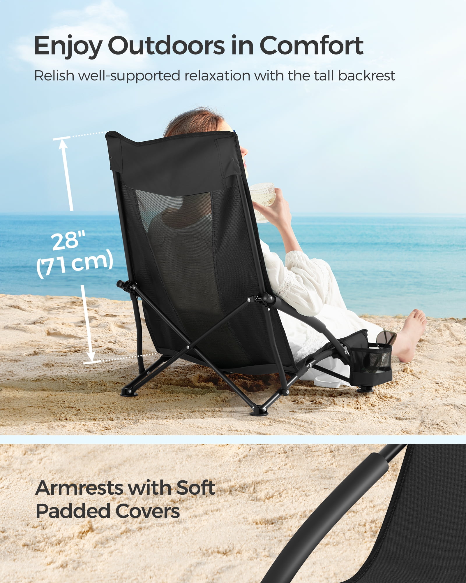 Set of 2 Camping Chairs, Beach Chairs, Portable Outdoor Chairs, with High Backrest, Cup Holder, Lightweight, Heavy-Duty, Max. Load 330 lb per Chair, Black