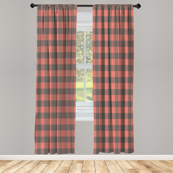 Ambesonne Plaid Curtains, Lumberjack Buffalo Check Grid, Pair of 28"x95", Coral and Grey