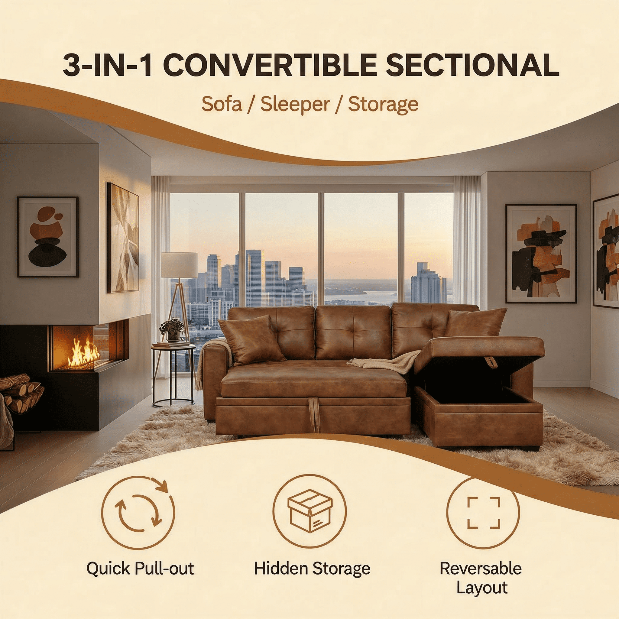 TIRAMISUBEST 77" Convertible Sectional Sleeper Sofa with Reversible Storage Chaise & Pull-Out Bed