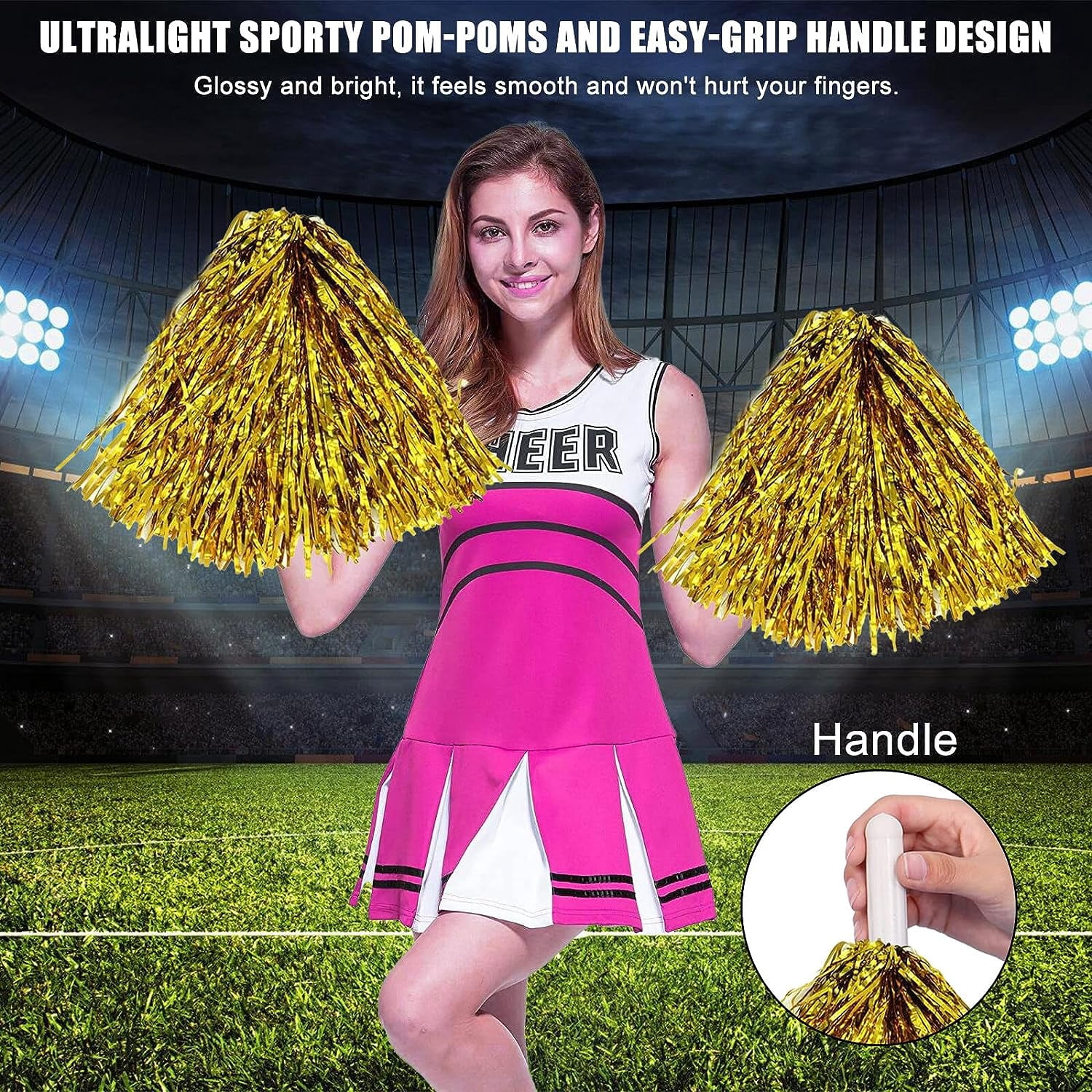 Pack of 12 Cheerleader Pompoms: Pom Poms Cheerleading with Handles Pom, Beautiful Pompoms Cheerleader Hand Flower Ribbons, Metallic Pompoms Cheerleading for Sports Competition Dancing Cheers Adults