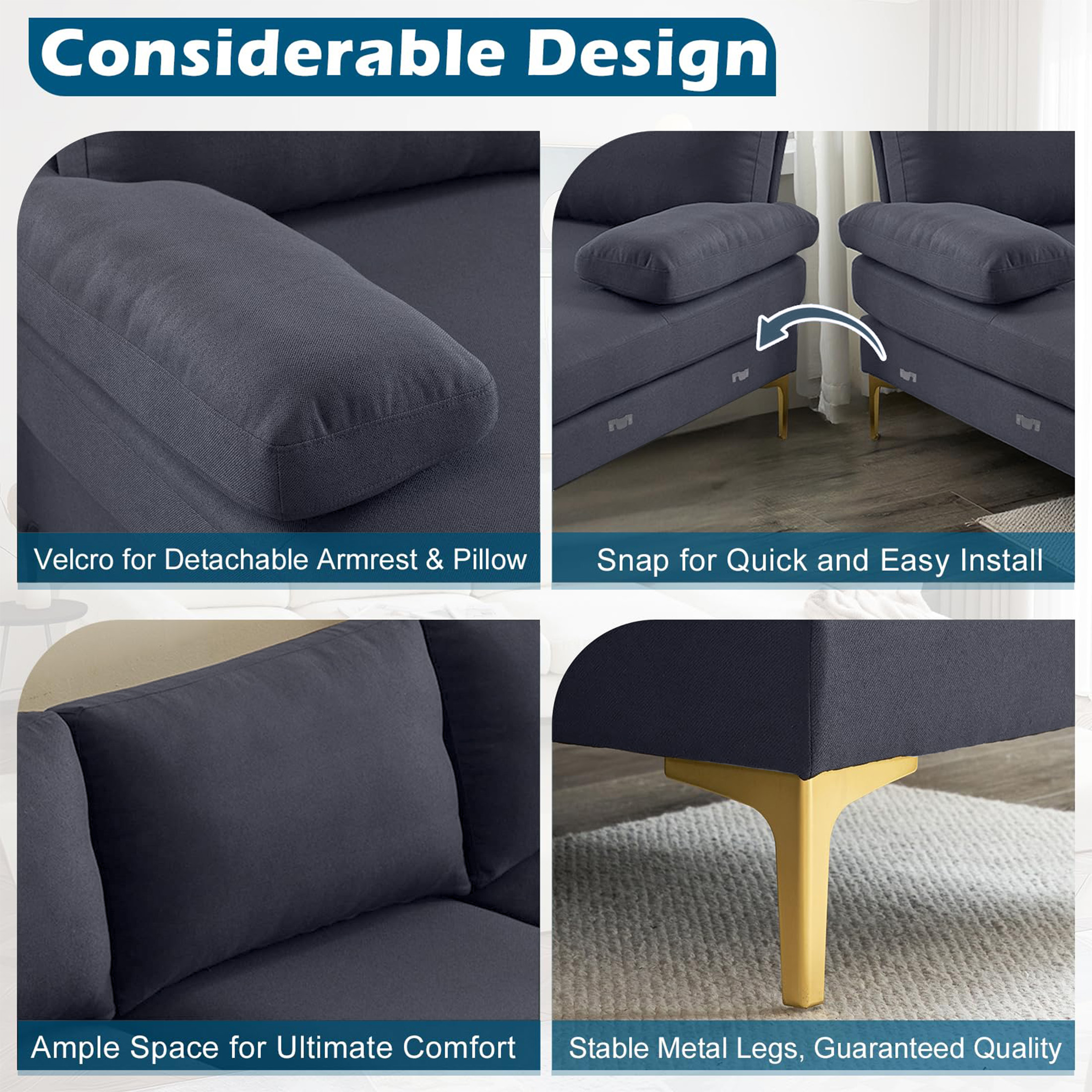 Aukfa U-Shape Sectional Sofa for Living Room, Deep Seat Sleeper Couch, Pillow Top Arm, Flannel, Gray