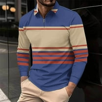 Fnnxeal Mens Polo Shirts Collared Fall Winter Zipper Casual Striped Long Sleeve Dark Blue Polo Shirts for Men Size 3XL