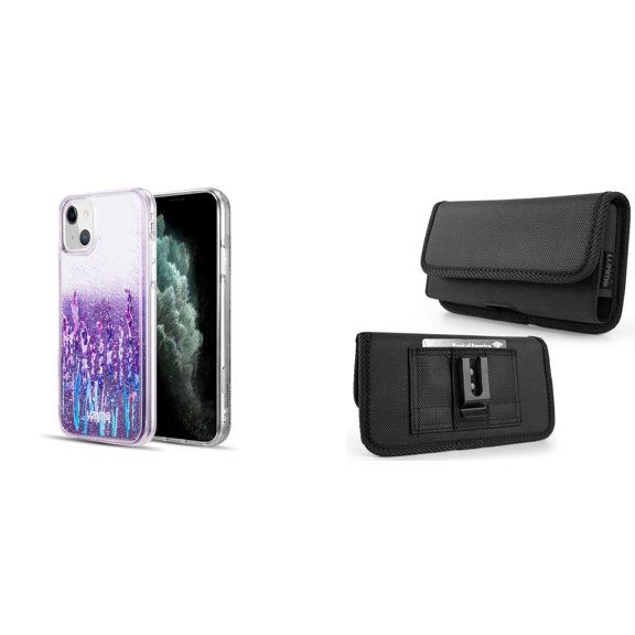 Liquid Glitter Case for iPhone 14 and Belt Holster Pouch - Lavender Purple