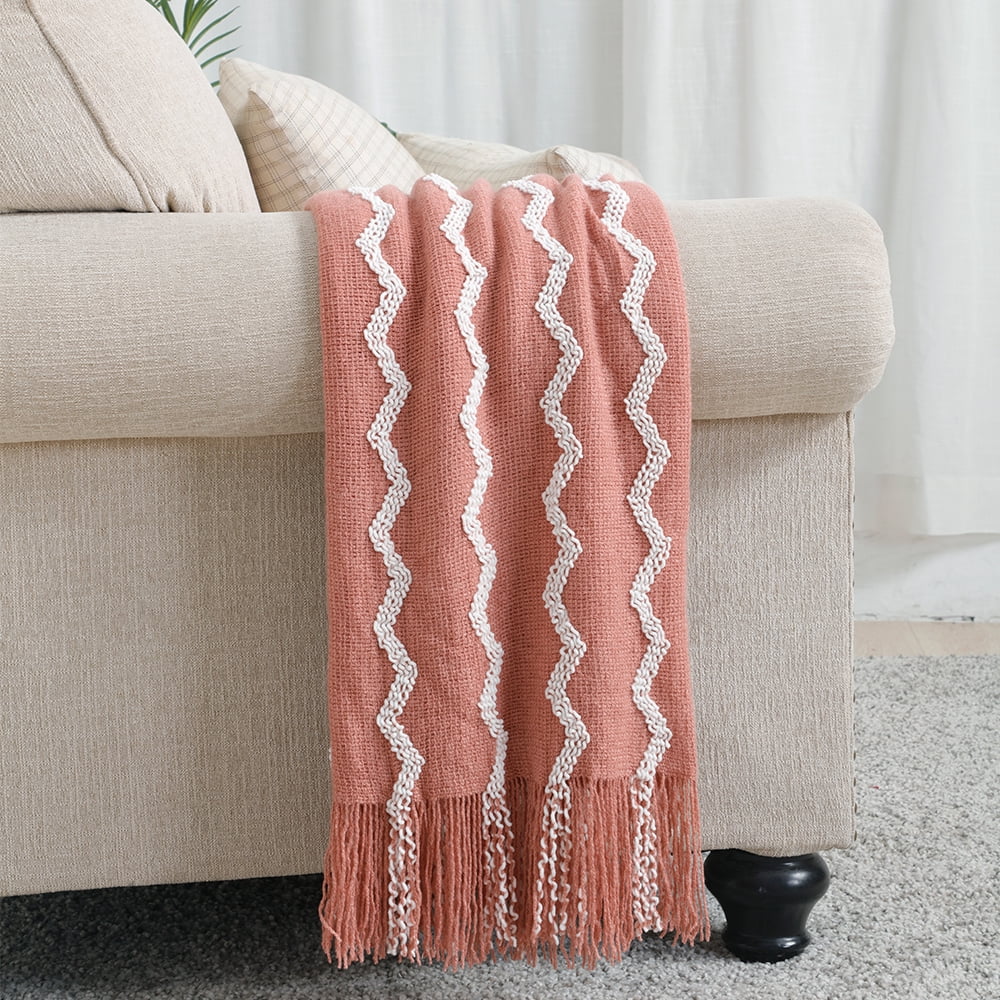 Bourina Fluffy Chenille Knitted Fringe Throw Blanket, Lightweight Soft Cozy Bed Sofa Chair Blanket, Coral Pink, 50" x 60"