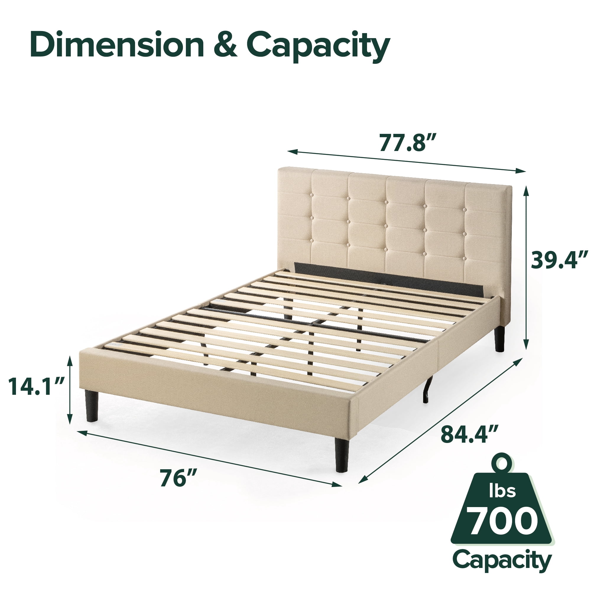 Zinus Ibidun 39" Upholstered Platform Bed Frame, Beige, King