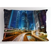 City Pillow Sham Fast Moving Cars at Hong Kong Highways Modern Life Speed Traffic Nighttime in the City, Decorative Standard King Size Printed Pillowcase, 36 X 20 Inches, Multicolor, by Ambesonne