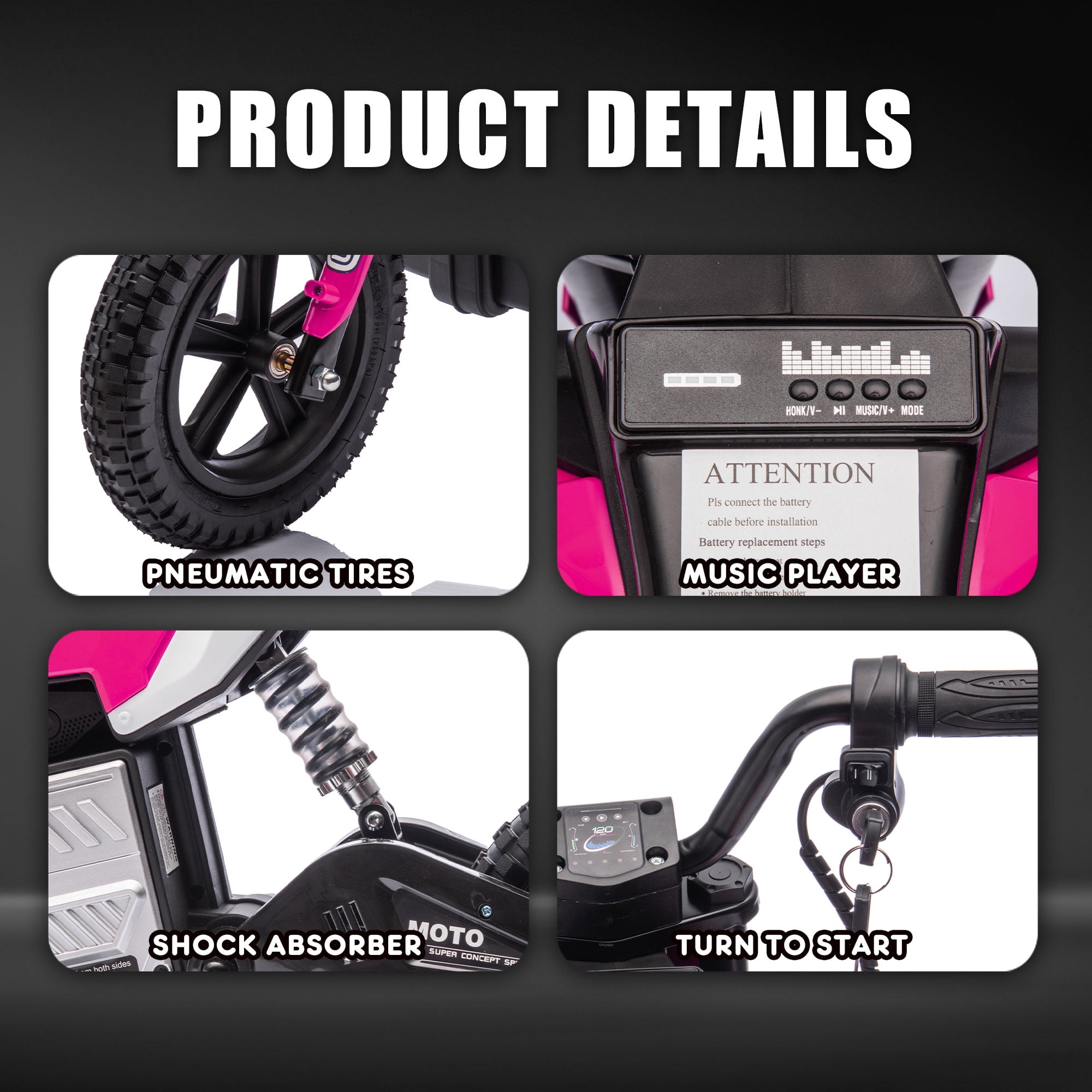 Okybaby 24V Kids Ride On Electric Dirt Bike, 200W High Speed Hub Electric Motorcycle, Max Speed 10MPH, Rear Spring Suspension, Kids Motorbike with Bluetooth&Horn For Kids Aged 5-15,Pink
