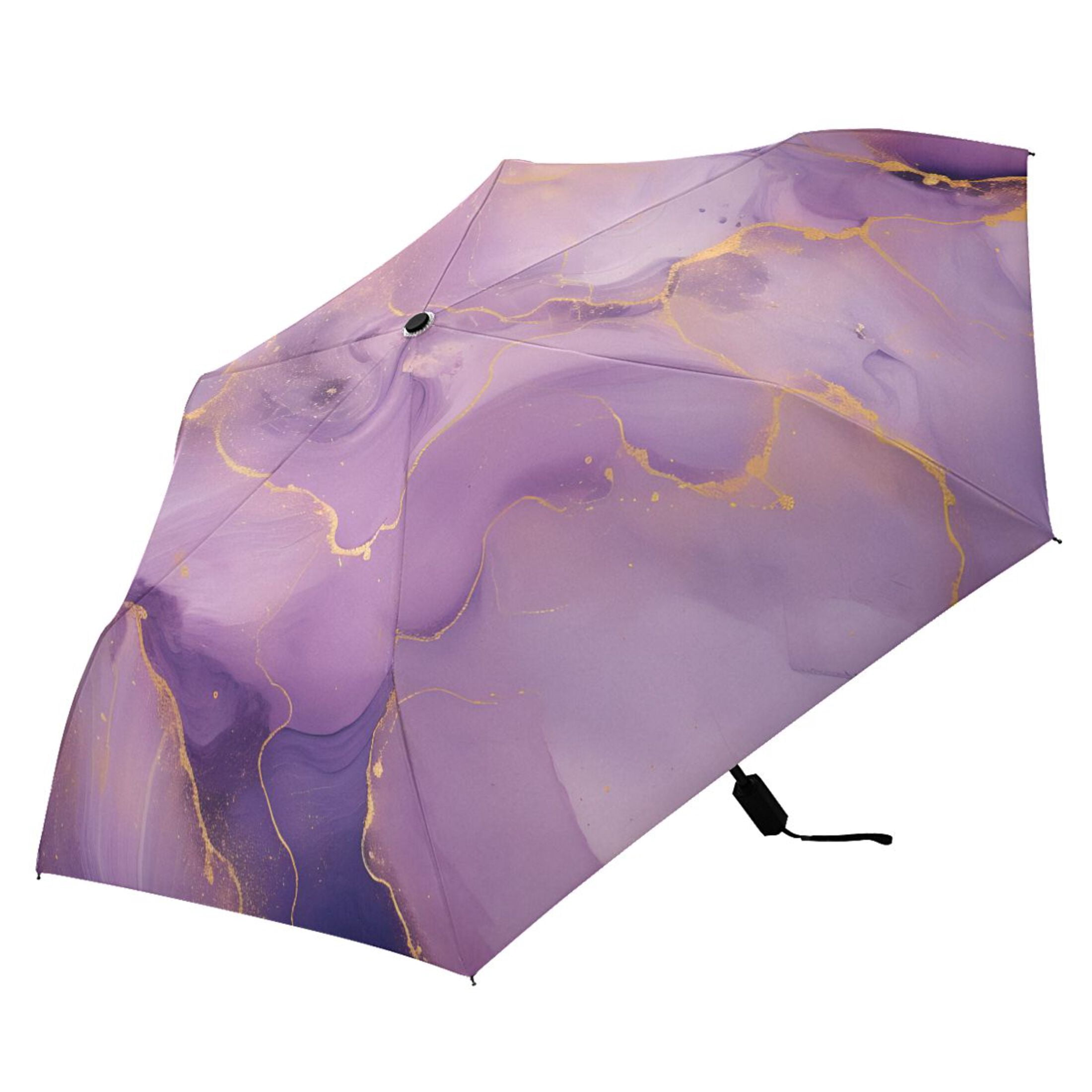 Lilac Purple Gold Marble Compact Sun Umbrella Windproof Travel Umbrellas for Rain Strong Portable UV Protection