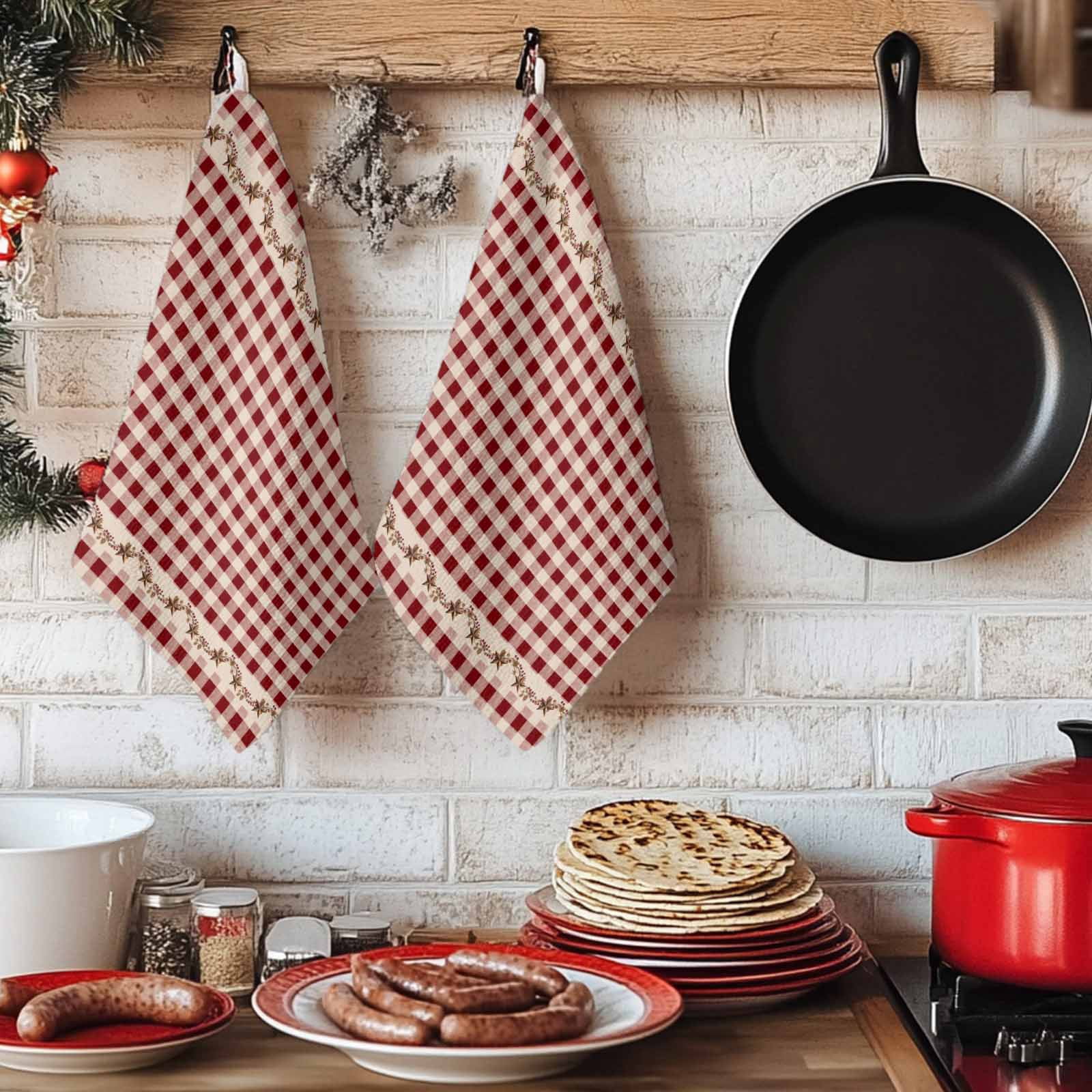 Dish Towels, Barn Stars Rustic Absorbent Kitchen Towels 2 PCS, Vintage Country Red Plaid Microfiber Hand Towels Dish Cloths Tea Towels for Home&nbsp;Bathroom Cleaning Drying,18X28-Inch,