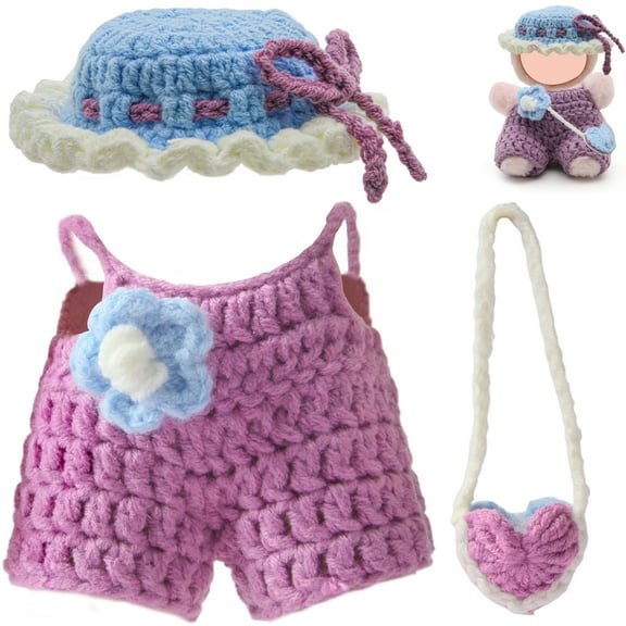 17cm Clothes Set (NO Doll), Purely Hand-crocheted Hat & Overalls & Heart-shaped Bag Set for 15-17cm Accessories Suit, Stylish Adorable Dolls Clothes Accessories (Style Purple)