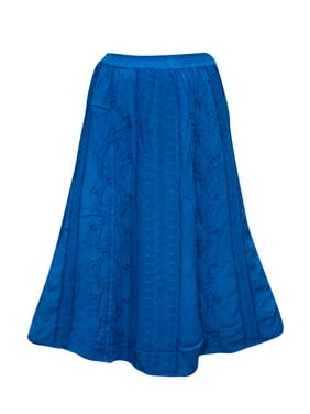 Mogul Womens A-Line Skirt Blue Rayon Elastic Waist Embroidered Summer Fashion Long Maxi Skirts L