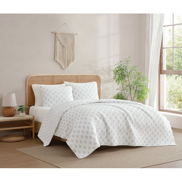 C&C California Printed Reversible Quilt Set, 100% Cotton, Breathable, Lightweight, 3-Piece, King, Sage