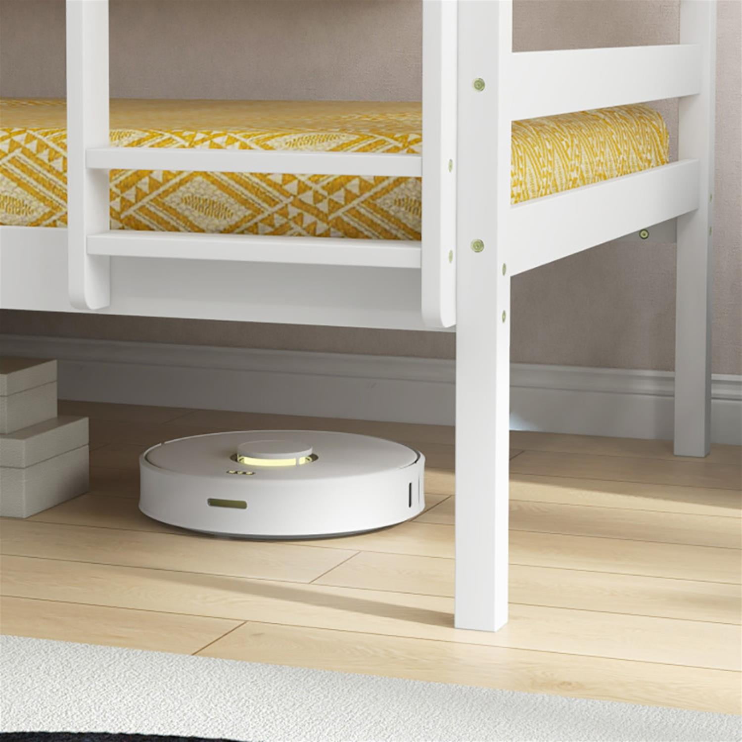 Demi Bonn Solid Wood Twin Over Twin Bunk Bed with High Guardrails and Integrated Ladder, Twin Bunk Beds, Bed Frame, White