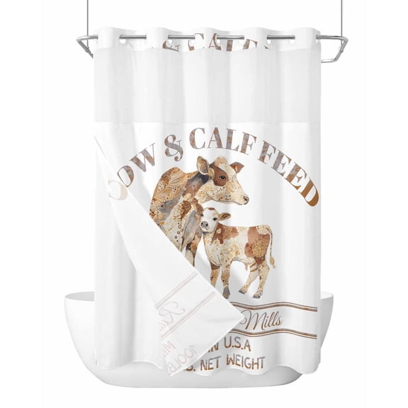 No Hook Shower Curtain with Snap-in Liner, Beige Farm Animals Waterproof Fabric Bathroom Curtains, Cow Farmhouse Bath Curtains & Mesh Top Window Stall 48"x72"