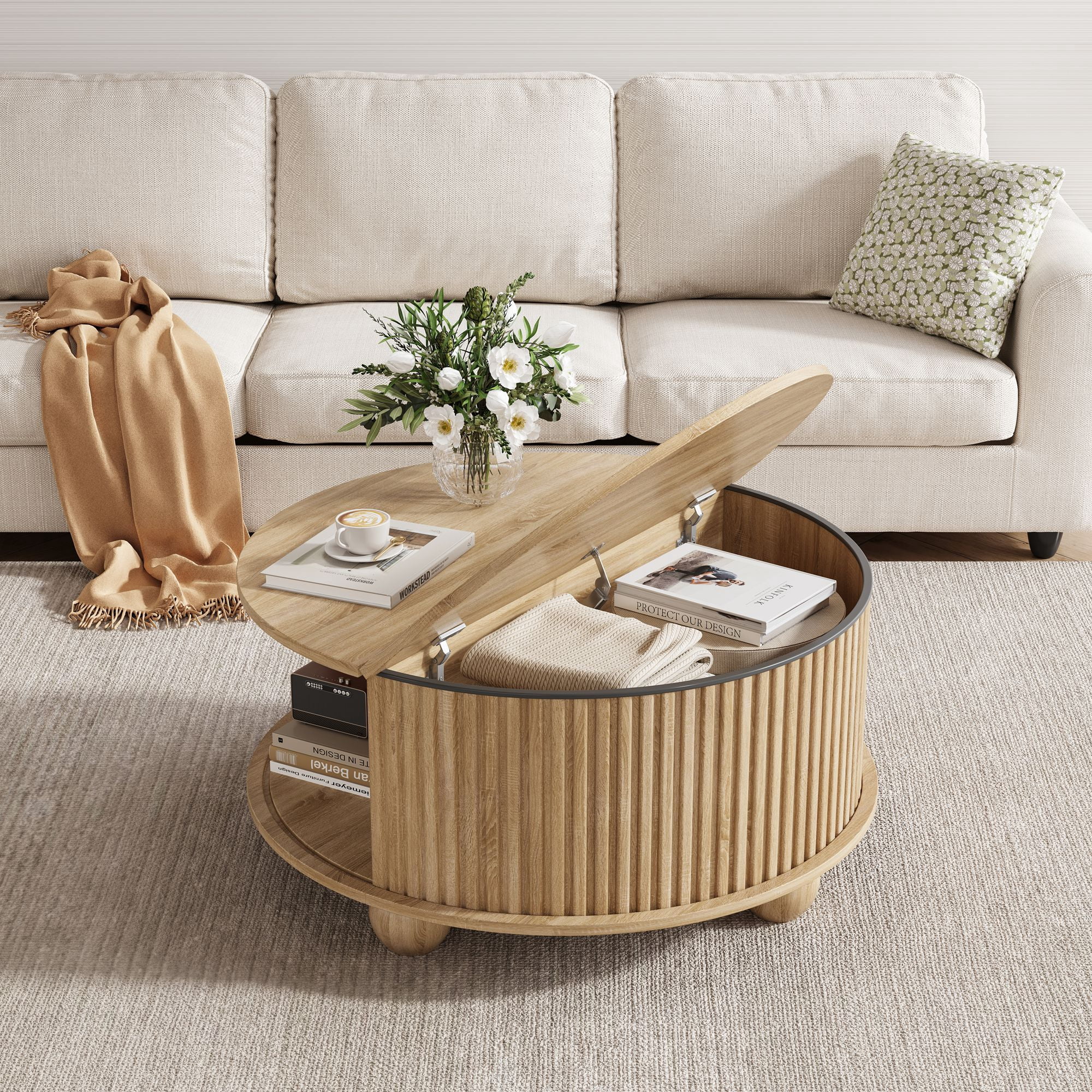 Round Coffee Table with Storage, Accent Fluted Drum Coffee Table with Sliding Door, Mid Century Modern Table for Living Room, Farmhouse Coffee Table for Small Space