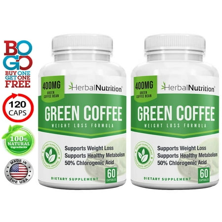 BOGO Sale - Pure Green Coffee Bean Extract - Two 60 Count Bottles, 120 Capsules, 400mg - 1200mg At 50% CGA