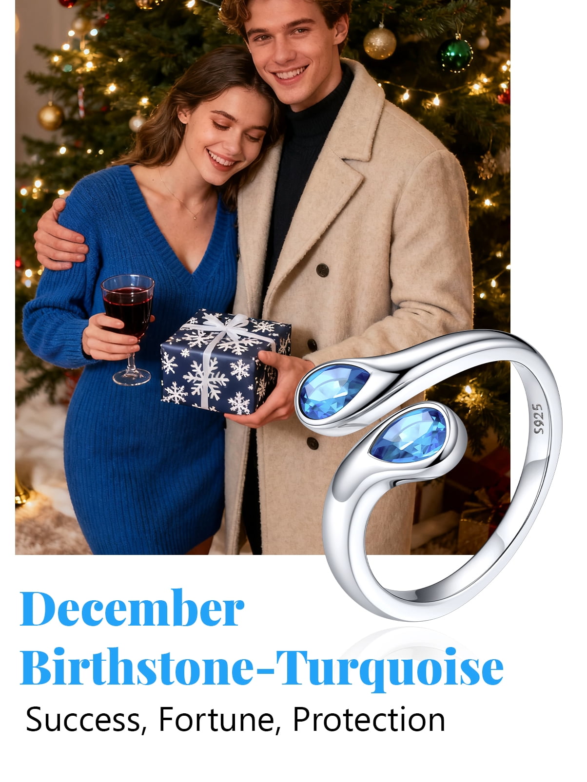 Silvora Sterling Silver Birthstone Rings for Women Pear Shaped Blue Turquoise Open Ring Birthday Christmas Jewelry Gift for Wife Mother Girlfriend, December