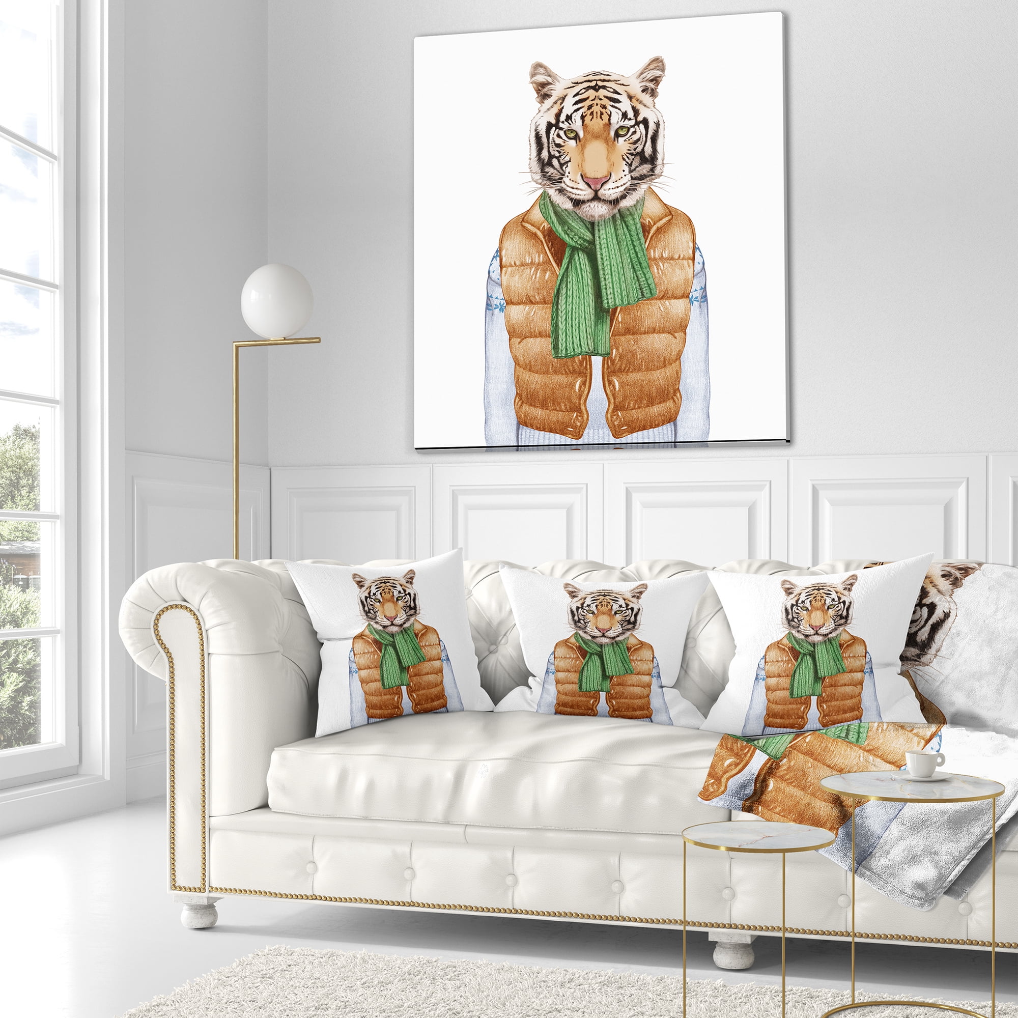 Designart Tiger in Vest and Sweater - Contemporary Animal Throw Pillow - 16x16