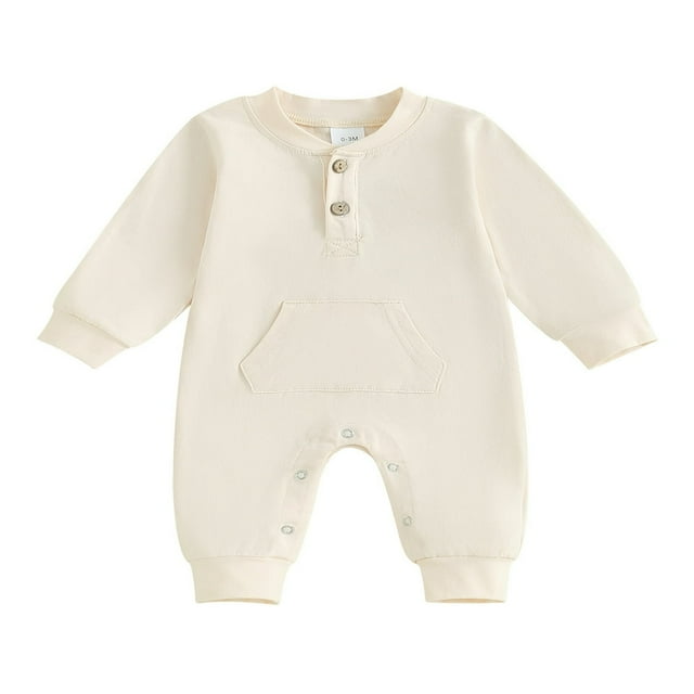 Baby Boy Romper with Pocket in Solid Color and Long Sleeves