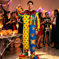 thumbnail image 4 of RUINIXCW Funny Halloween Clown Costume for Adult Mesh Collar Dot Stripe Print Long Sleeve Jumpsuit with Pom-pom, 4 of 8